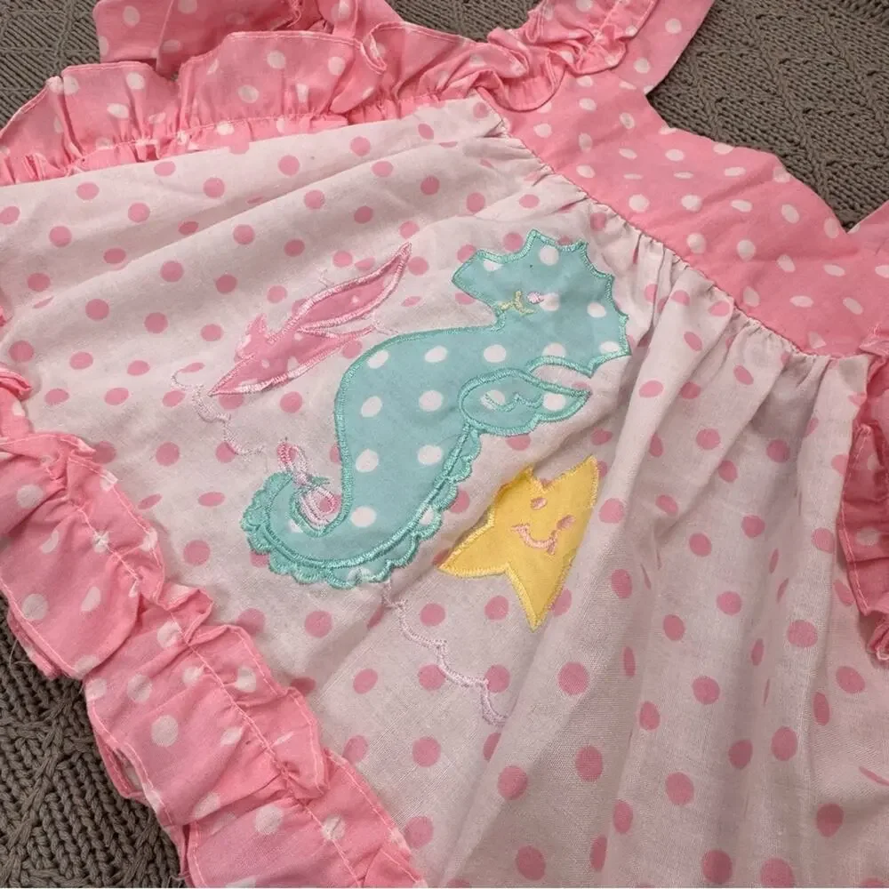 Vintage Broadway Kids Pink Polka Dot Apron Pinnie Tunic Seahorse Design ~9M
